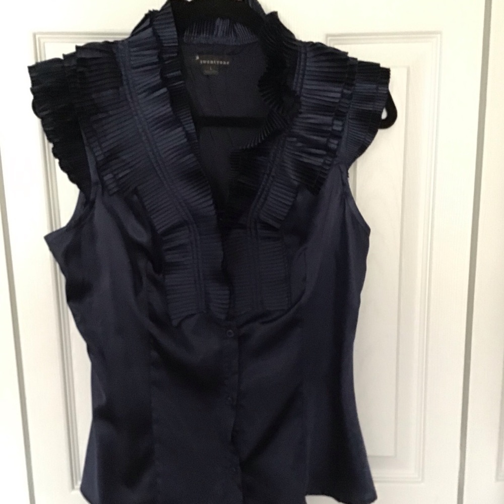 Navy Blue Pleated Ruffle Blouse
